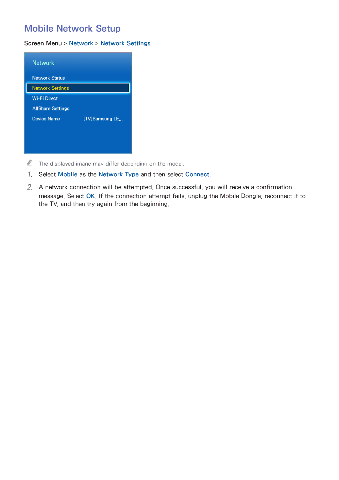 Samsung UA55F9000ARXZN, UA65F8000ARXSK, UA46F7500BRXSK manual Mobile Network Setup, Screen Menu Network Network Settings 