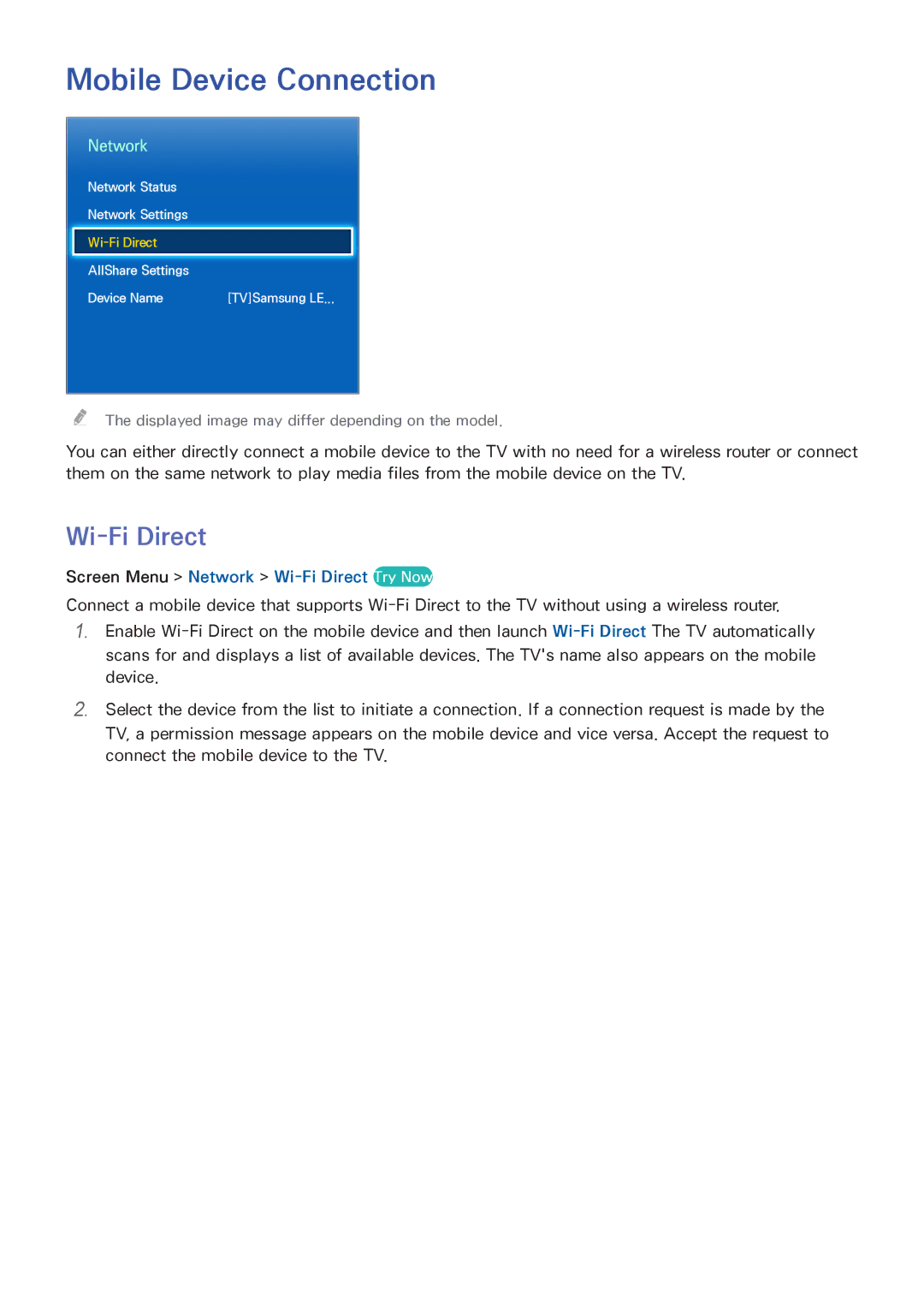 Samsung UA60F8000ARXUM, UA65F8000ARXSK, UA85S9ARXSK Mobile Device Connection, Screen Menu Network Wi-Fi Direct Try Now 