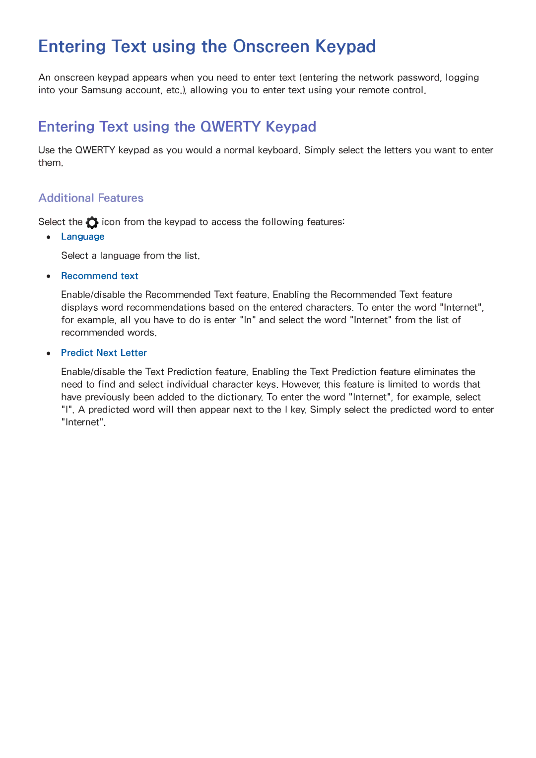 Samsung UA55F7500BRXSK Entering Text using the Onscreen Keypad, Entering Text using the Qwerty Keypad, Additional Features 