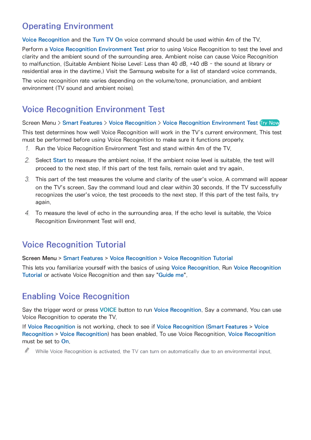 Samsung UA40F7500BRXUM, UA85S9ARXSK Operating Environment, Voice Recognition Environment Test, Voice Recognition Tutorial 