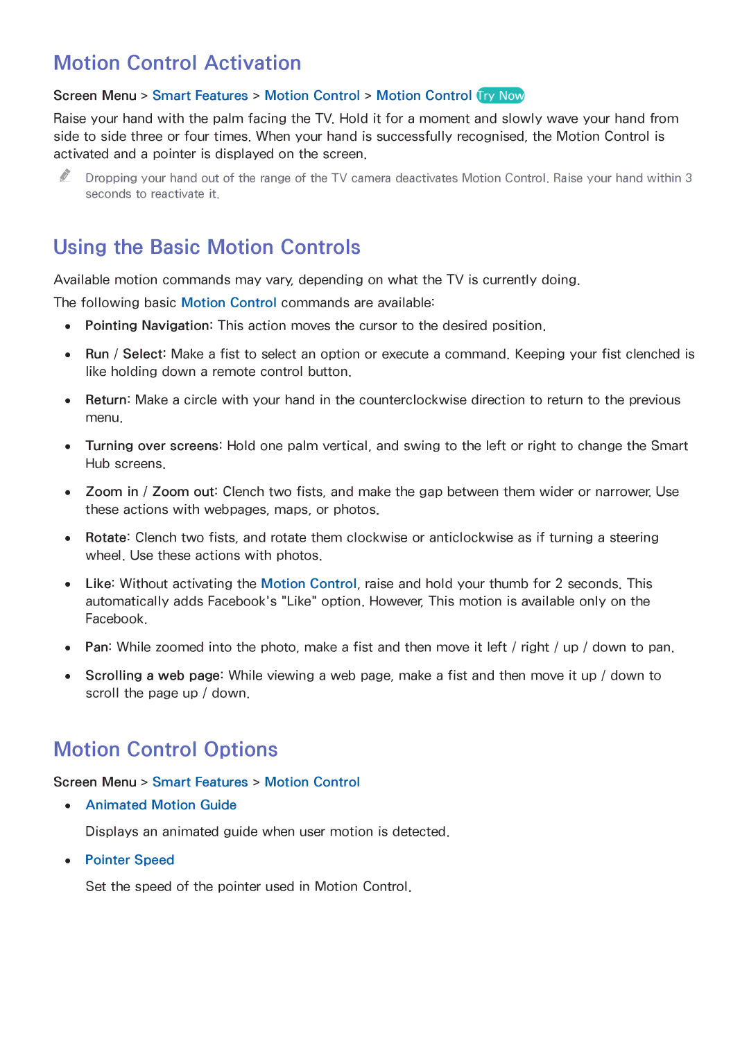 Samsung UA85S9ARXUM Motion Control Activation, Using the Basic Motion Controls, Motion Control Options, Pointer Speed 