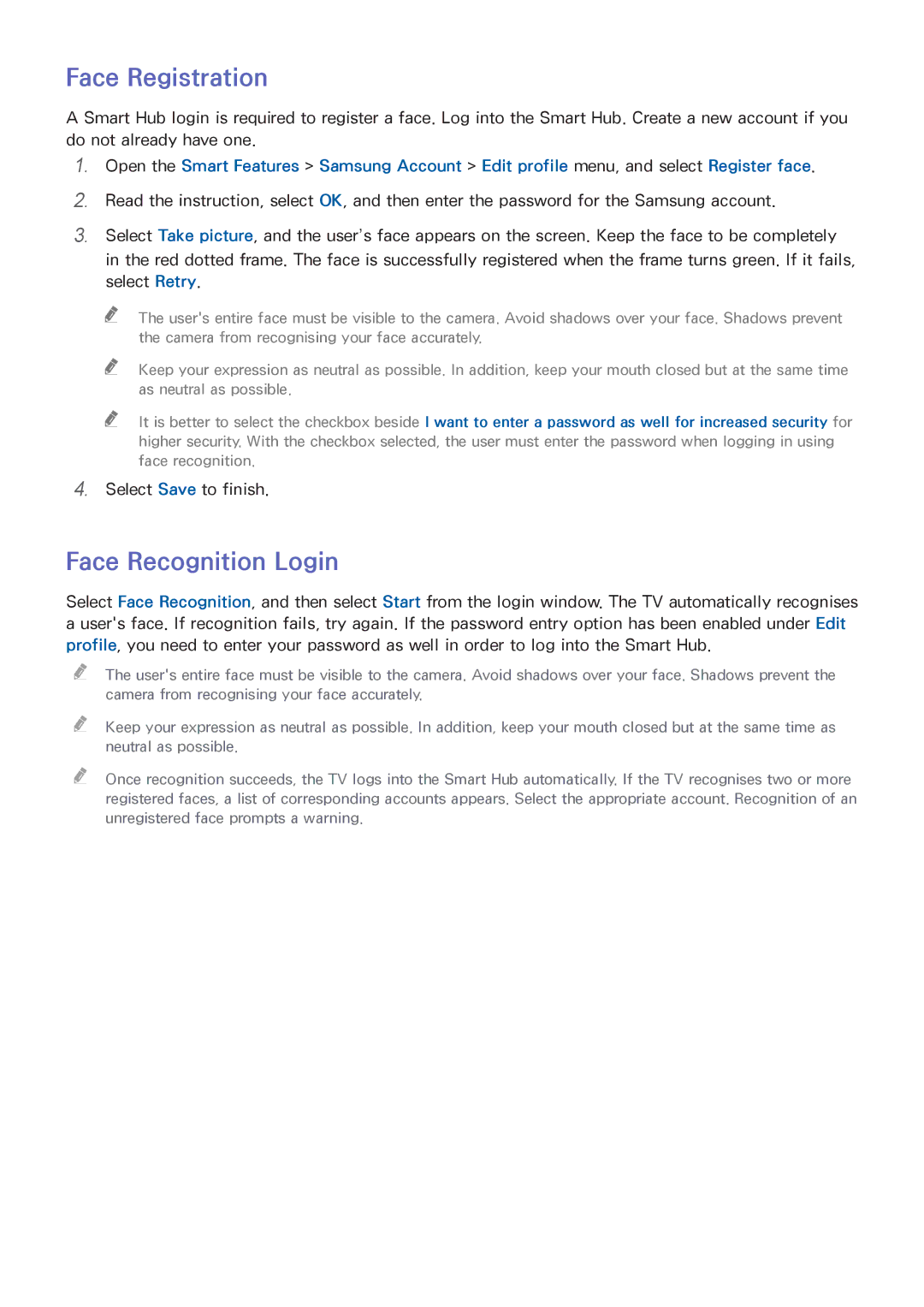 Samsung UA65F9000ARXZN, UA65F8000ARXSK, UA46F7500BRXSK, UA55F7500BRXZN, UA85S9ARXSK Face Registration, Face Recognition Login 