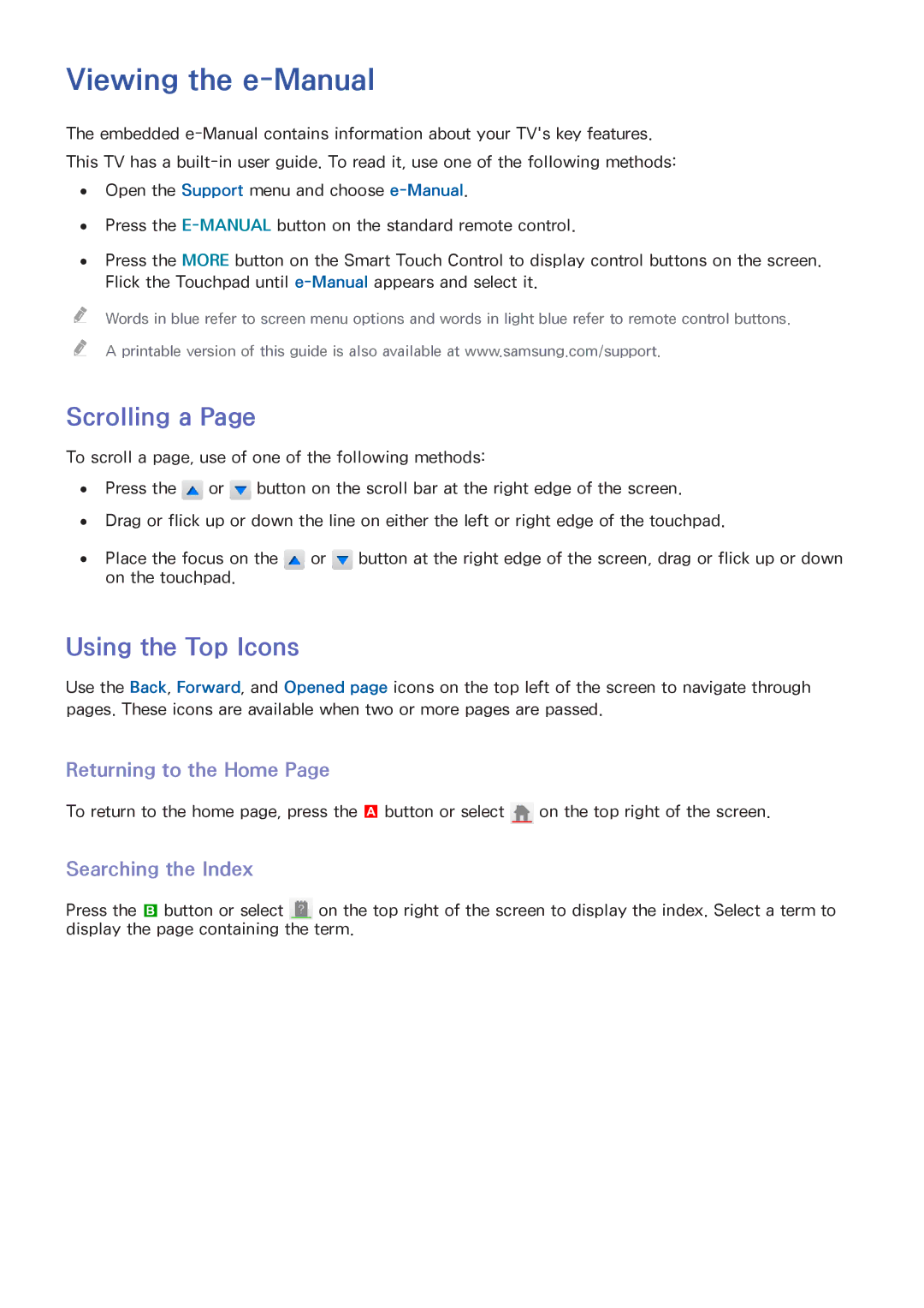 Samsung UA46F7500BRXZN Viewing the e-Manual, Scrolling a, Using the Top Icons, Returning to the Home, Searching the Index 