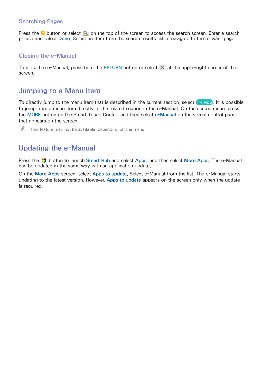 Samsung UA40F7500BRXUM, UA85S9ARXSK Jumping to a Menu Item, Updating the e-Manual, Searching Pages, Closing the e-Manual 