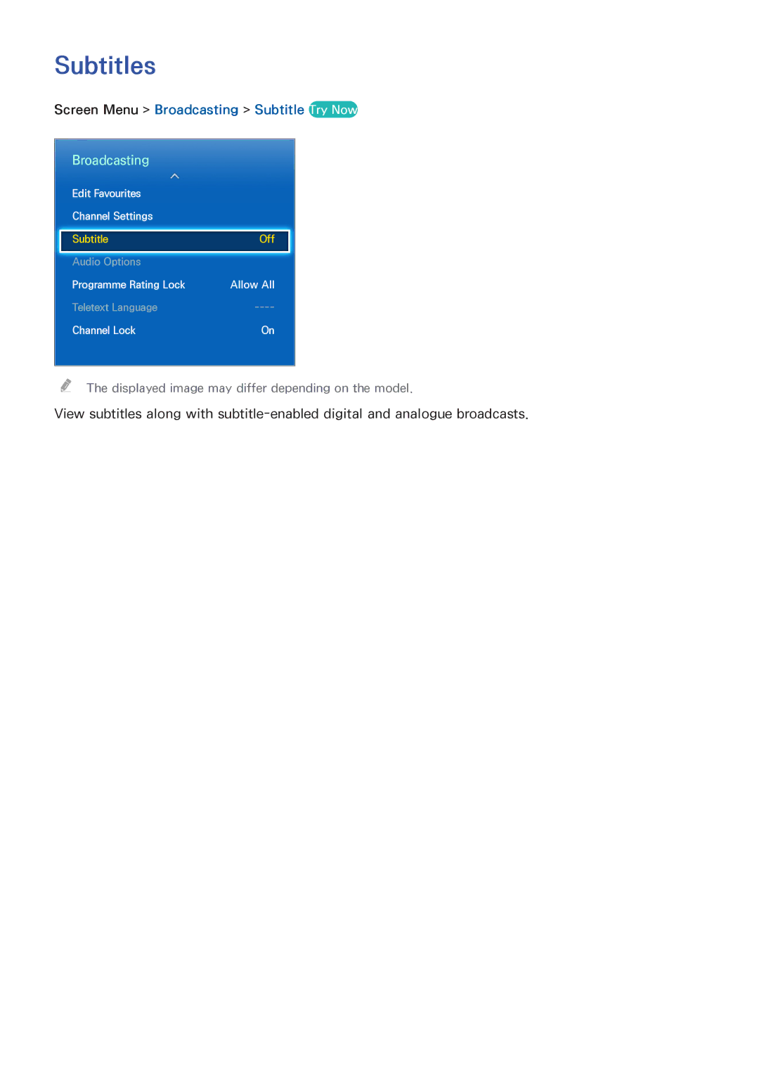 Samsung UA55F7500BMXSQ, UA65F9000AMXSQ, UA46F7500BMXSQ, UA55F8500AMXSQ Subtitles, Screen Menu Broadcasting Subtitle Try Now 
