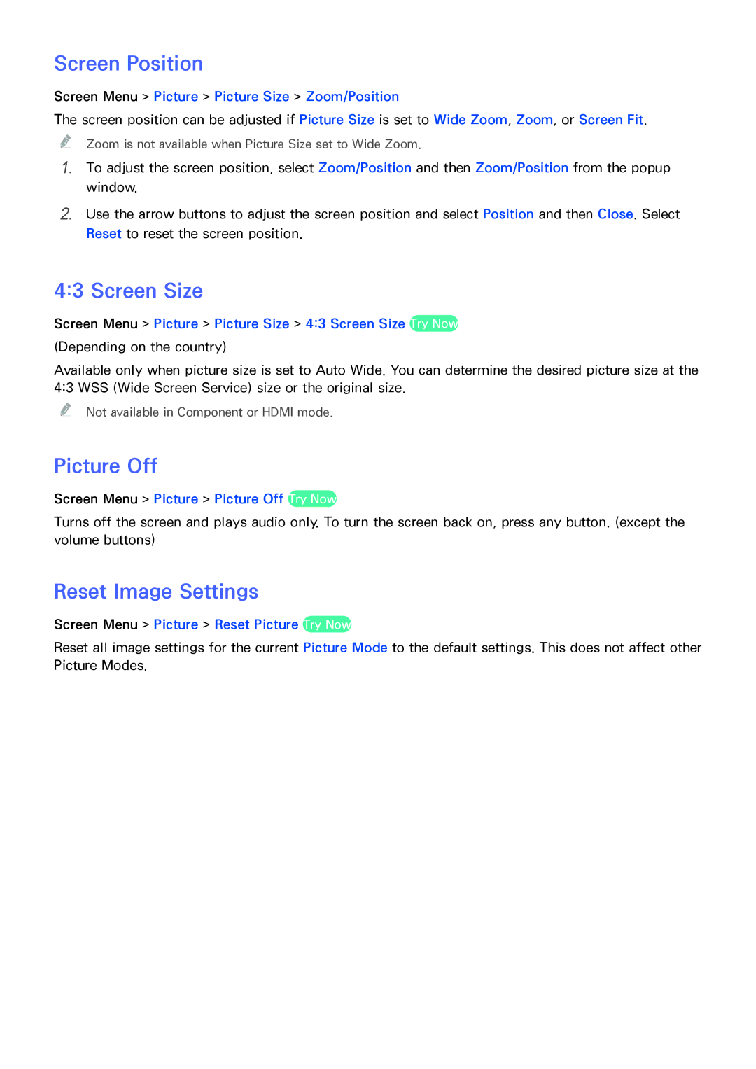 Samsung UA55F8500AMXSQ, UA65F9000AMXSQ, UA46F7500BMXSQ manual Screen Position, Screen Size, Picture Off, Reset Image Settings 