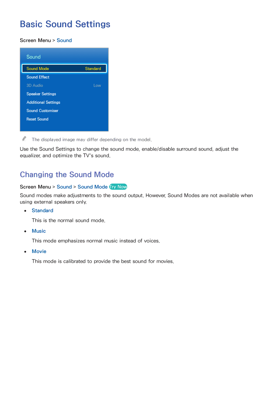Samsung UA55F7500BMXSQ manual Basic Sound Settings, Changing the Sound Mode, Screen Menu Sound Sound Mode Try Now, Music 