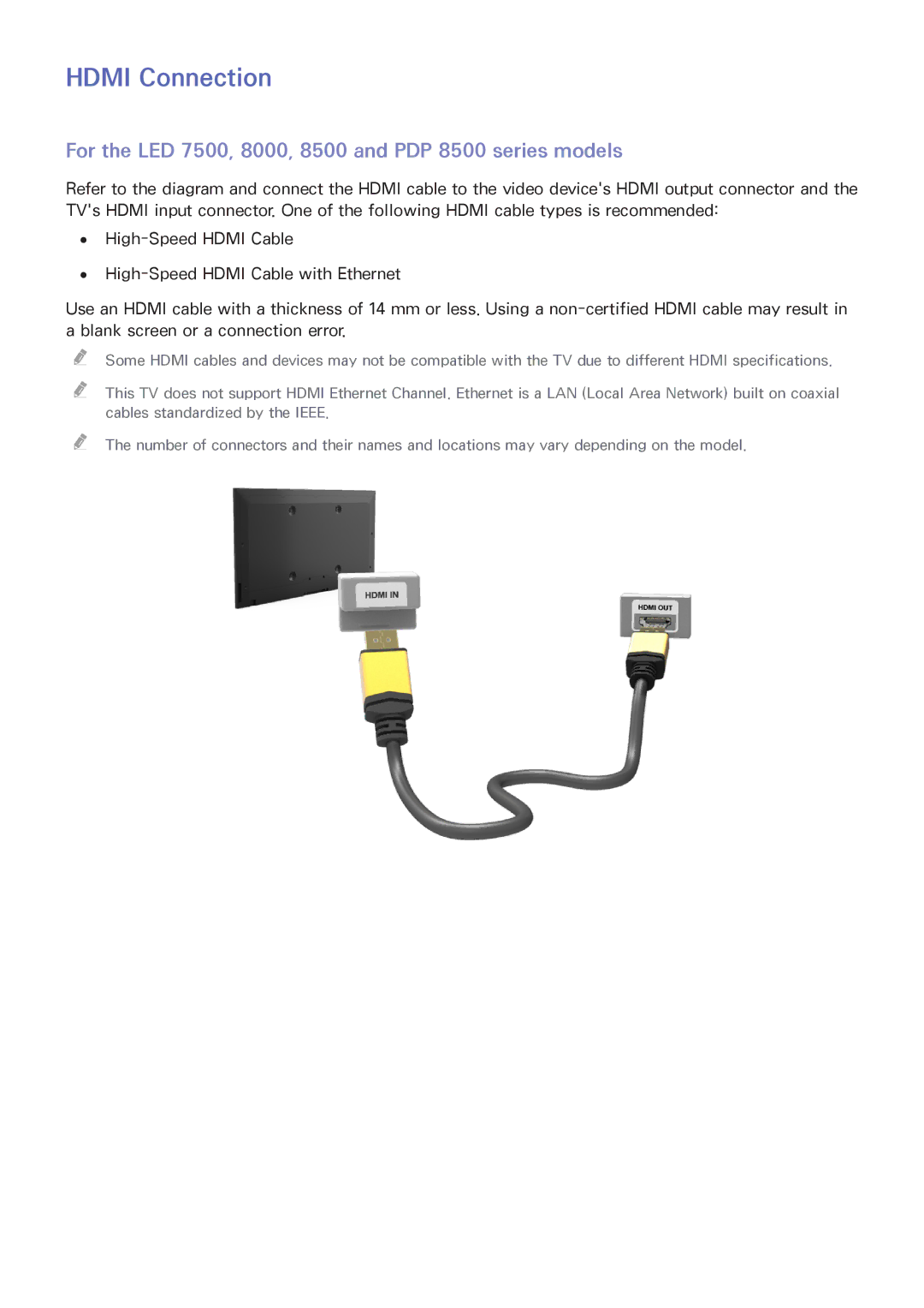 Samsung UA46F7500BMXSQ, UA65F9000AMXSQ manual Hdmi Connection, For the LED 7500, 8000, 8500 and PDP 8500 series models 