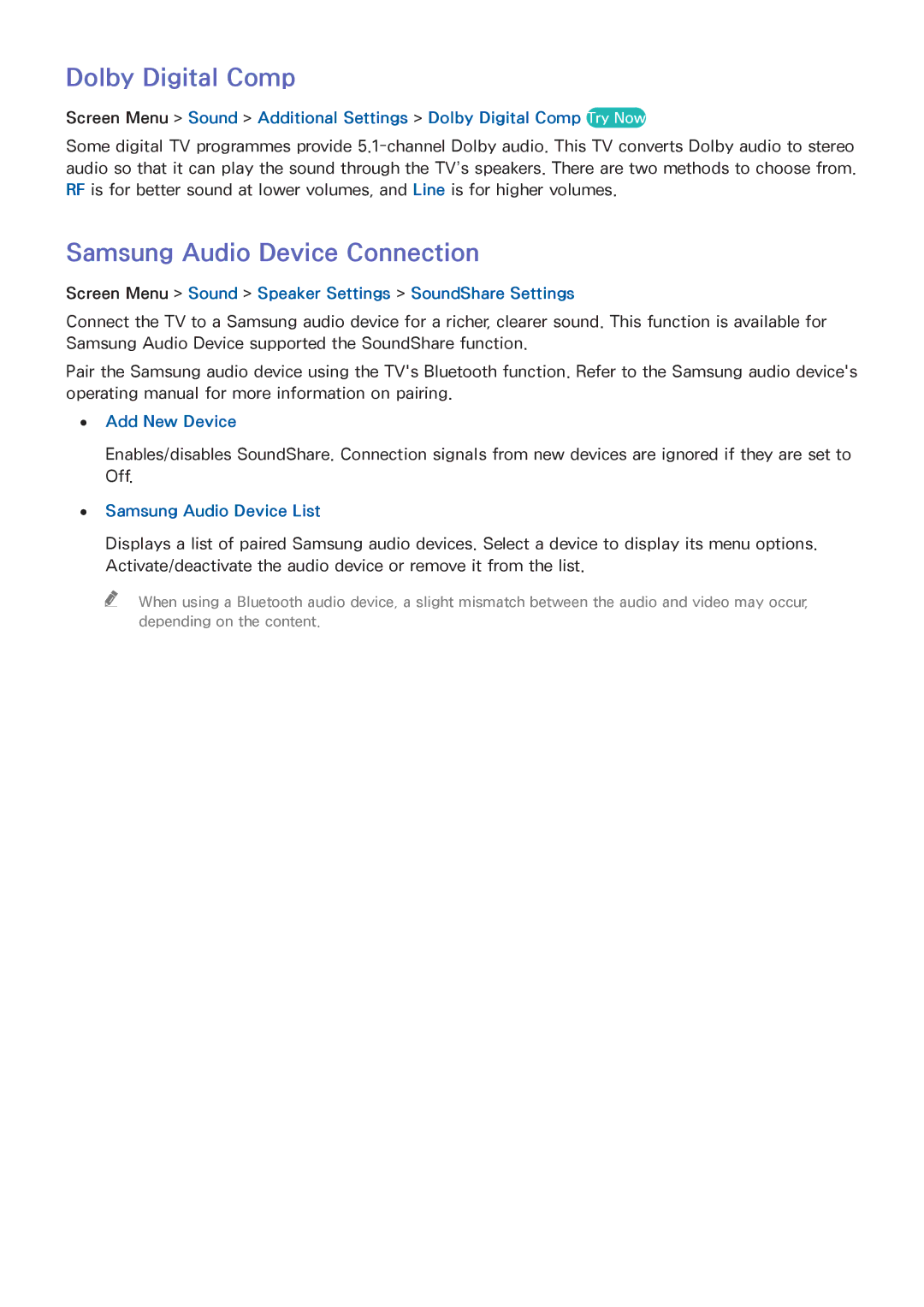 Samsung UA65F8000AMXSQ Dolby Digital Comp, Samsung Audio Device Connection, Add New Device, Samsung Audio Device List 