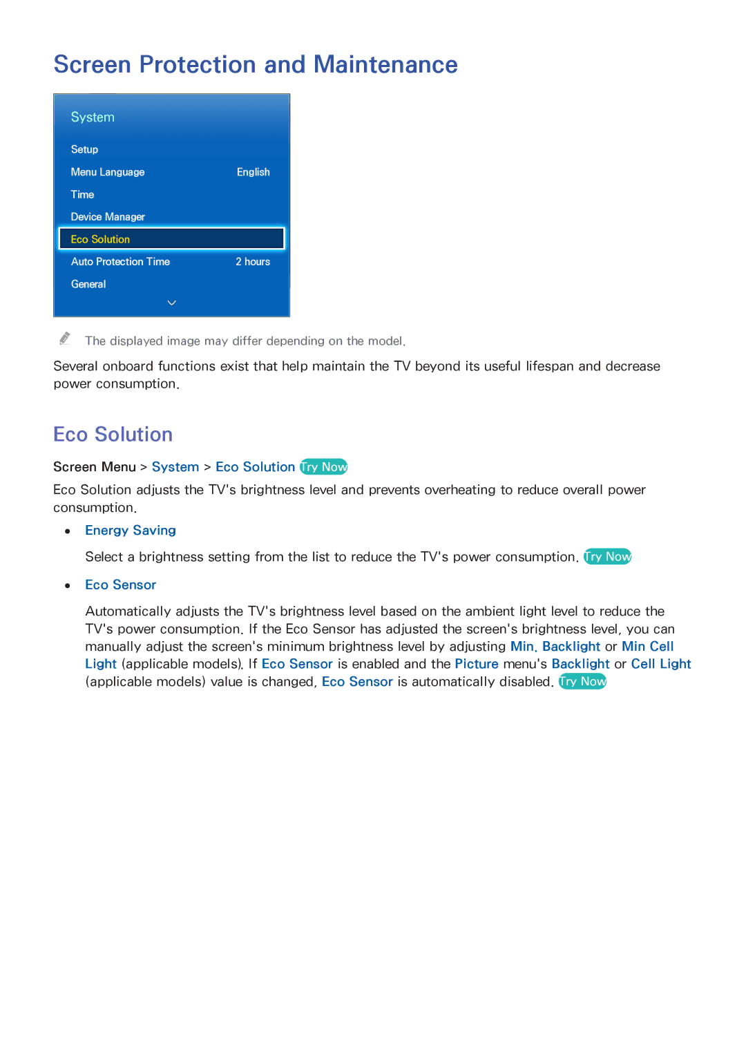 Samsung UA85S9AMXSQ manual Screen Protection and Maintenance, Screen Menu System Eco Solution Try Now, Energy Saving 