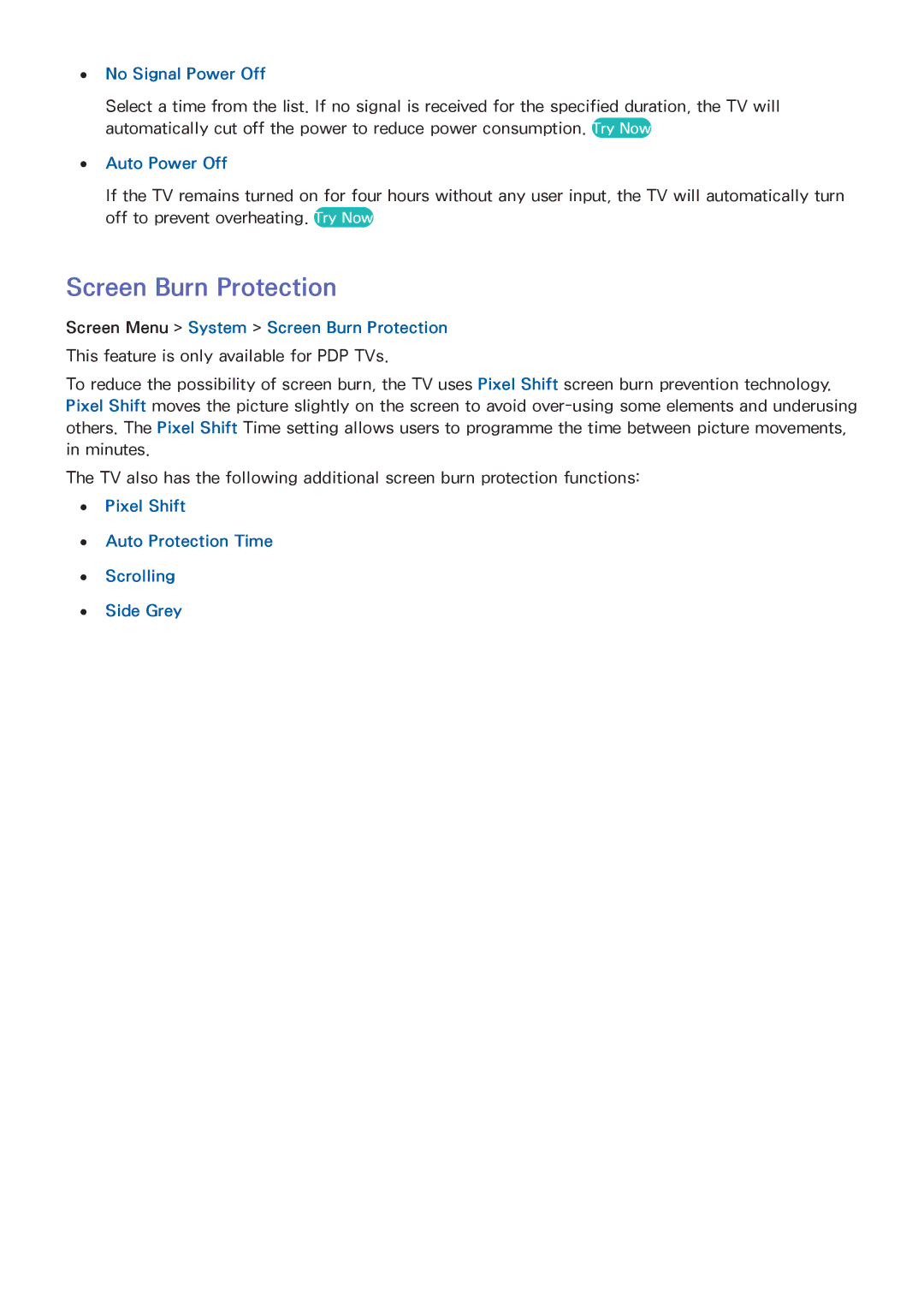 Samsung UA75F8000AMXSQ, UA65F9000AMXSQ, UA46F7500BMXSQ manual Screen Burn Protection, No Signal Power Off, Auto Power Off 