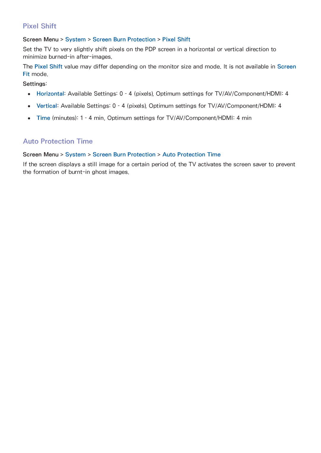 Samsung UA46F8000AMXSQ, UA65F9000AMXSQ Auto Protection Time, Screen Menu System Screen Burn Protection Pixel Shift 