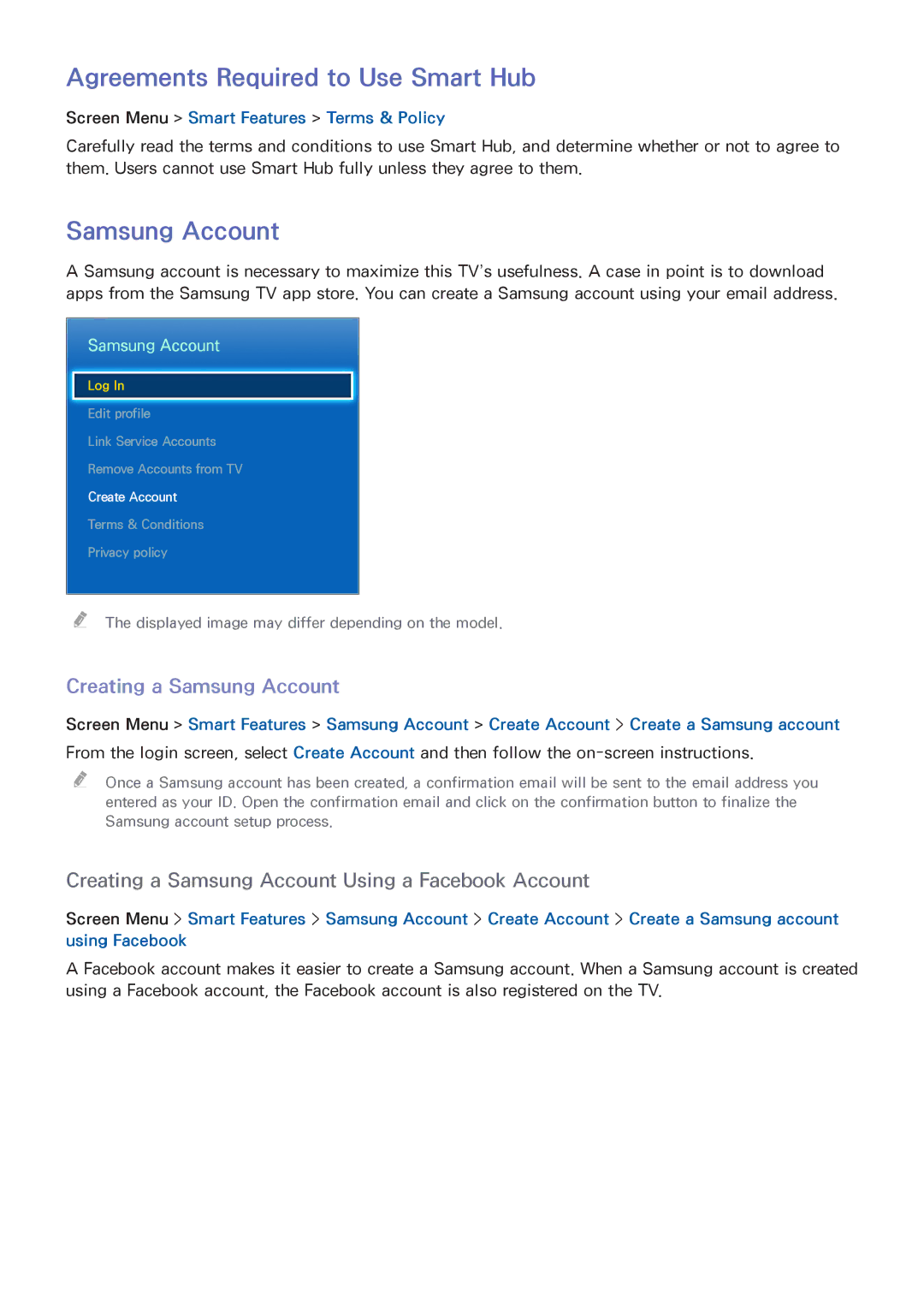 Samsung UA55F9000AMXSQ, UA65F9000AMXSQ, UA46F7500BMXSQ Agreements Required to Use Smart Hub, Creating a Samsung Account 