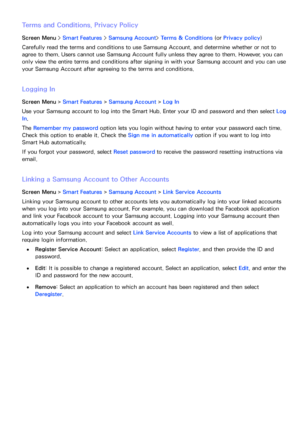 Samsung UA55F7500BMXSQ manual Terms and Conditions, Privacy Policy, Logging, Linking a Samsung Account to Other Accounts 