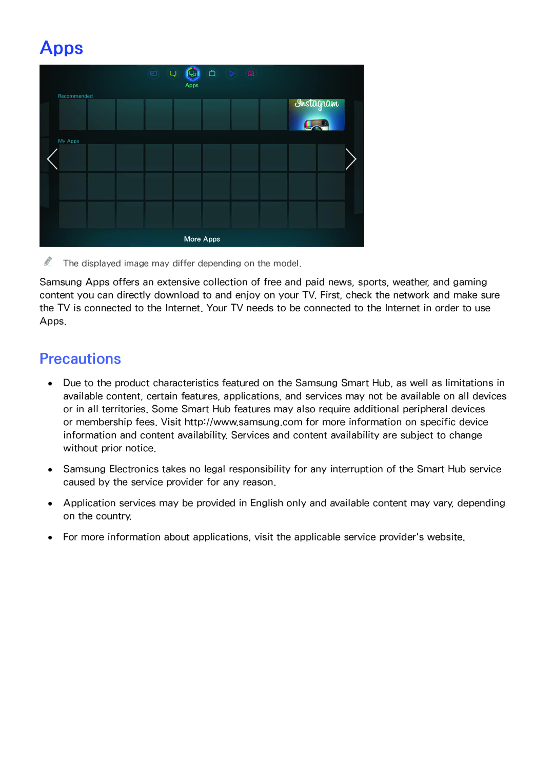 Samsung UA65F8000AMXSQ, UA65F9000AMXSQ, UA46F7500BMXSQ, UA55F8500AMXSQ, UA55F8000AMXSQ, UA60F8000AMXSQ manual Apps, Precautions 
