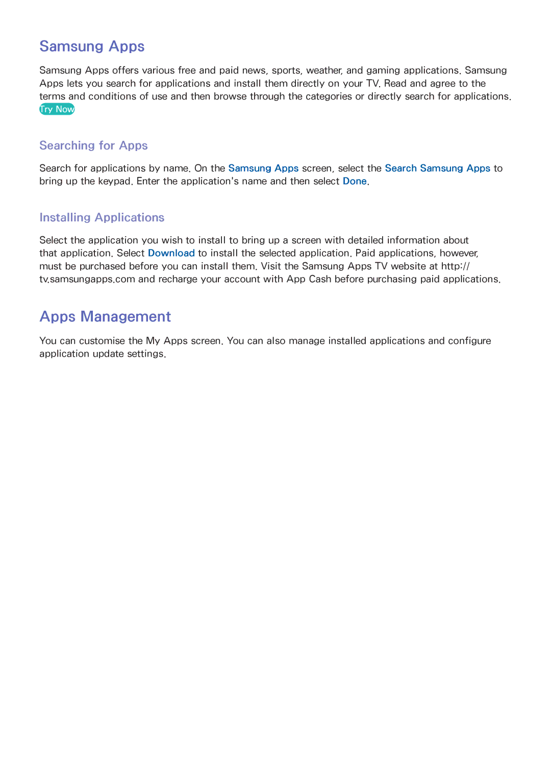 Samsung UA60F8000AMXSQ, UA65F9000AMXSQ manual Samsung Apps, Apps Management, Searching for Apps, Installing Applications 