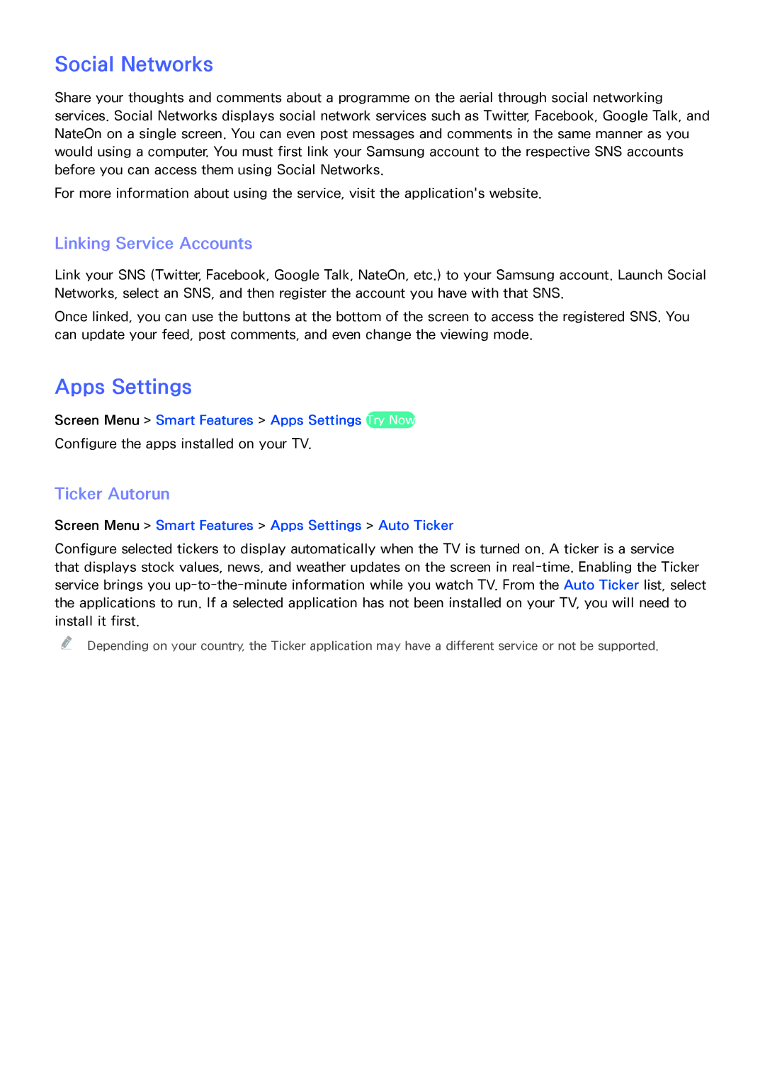 Samsung UA75F8000AMXSQ, UA65F9000AMXSQ manual Social Networks, Apps Settings, Linking Service Accounts, Ticker Autorun 