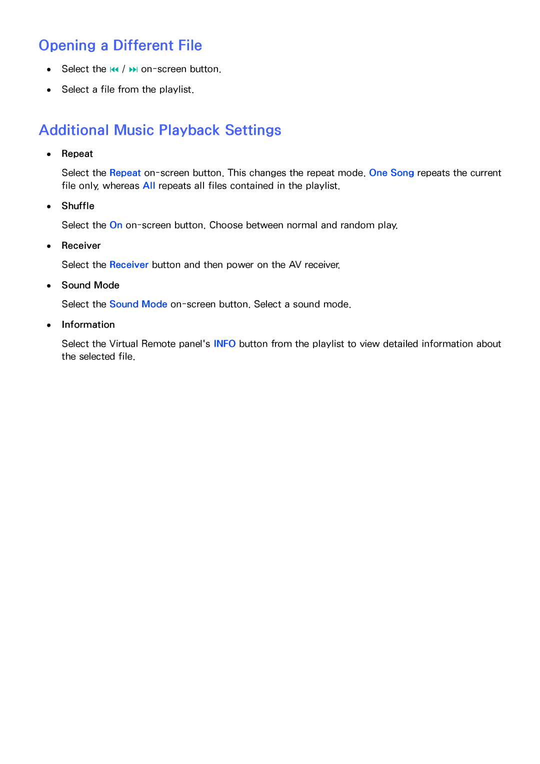 Samsung UA65F8000AMXSQ, UA65F9000AMXSQ, UA46F7500BMXSQ manual Opening a Different File, Additional Music Playback Settings 