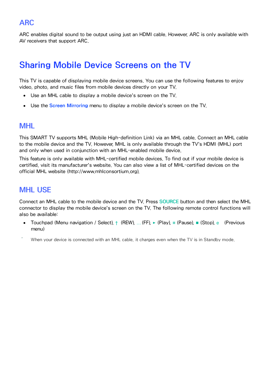 Samsung UA46F8000AMXSQ, UA65F9000AMXSQ, UA46F7500BMXSQ, UA55F8500AMXSQ manual Sharing Mobile Device Screens on the TV, Arc 