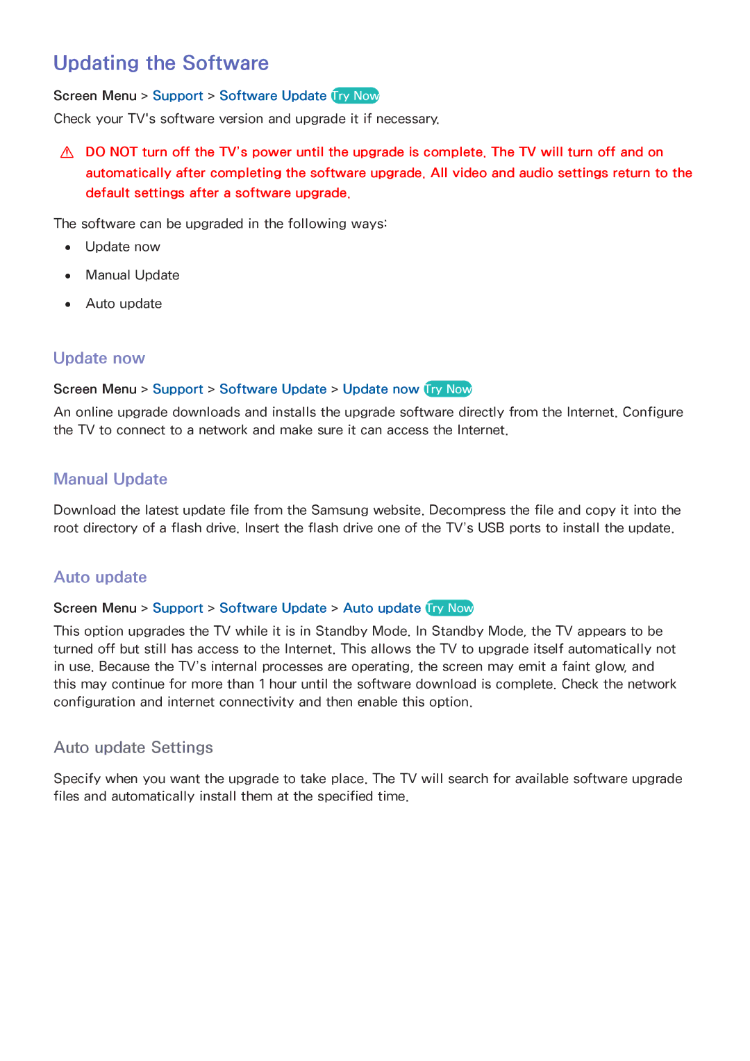 Samsung UA60F8000AMXSQ, UA65F9000AMXSQ, UA46F7500BMXSQ manual Updating the Software, Update now, Manual Update, Auto update 