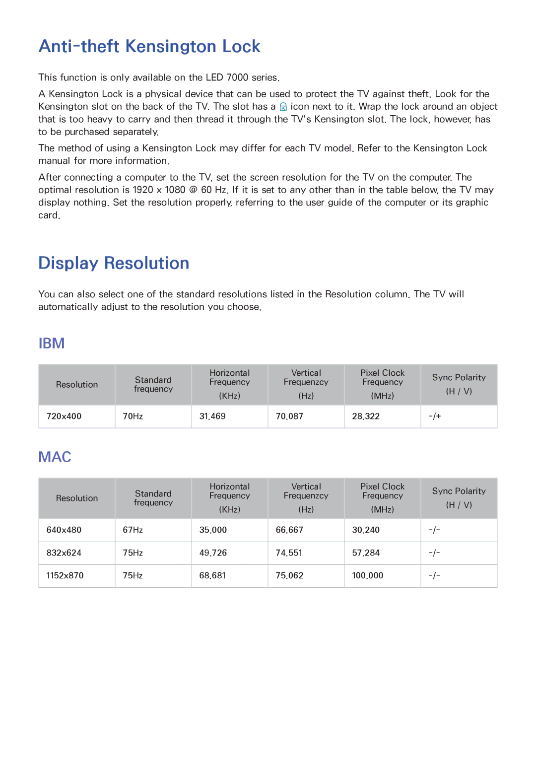 Samsung UA75F8000AMXSQ, UA65F9000AMXSQ, UA46F7500BMXSQ, UA55F8500AMXSQ manual Anti-theft Kensington Lock, Display Resolution 