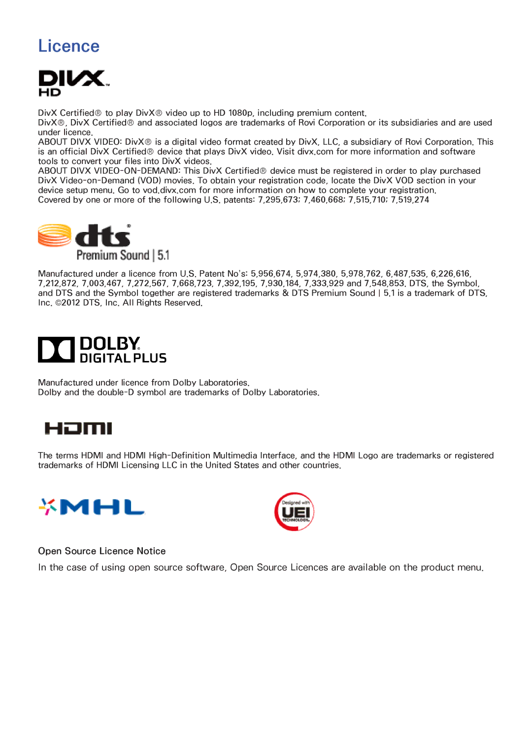 Samsung UA65F9000AMXSQ, UA46F7500BMXSQ, UA55F8500AMXSQ, UA65F8000AMXSQ, UA55F8000AMXSQ, UA60F8000AMXSQ, UA55F9000AMXSQ Licence 