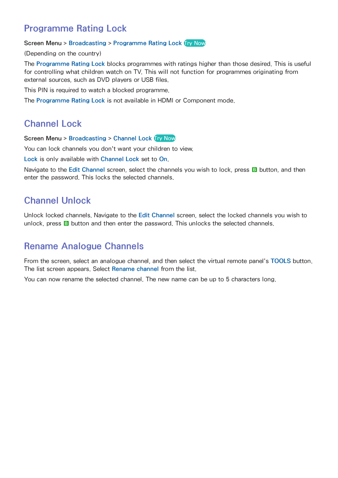 Samsung UA85S9AMXSQ, UA65F9000AMXSQ manual Programme Rating Lock, Channel Lock, Channel Unlock, Rename Analogue Channels 