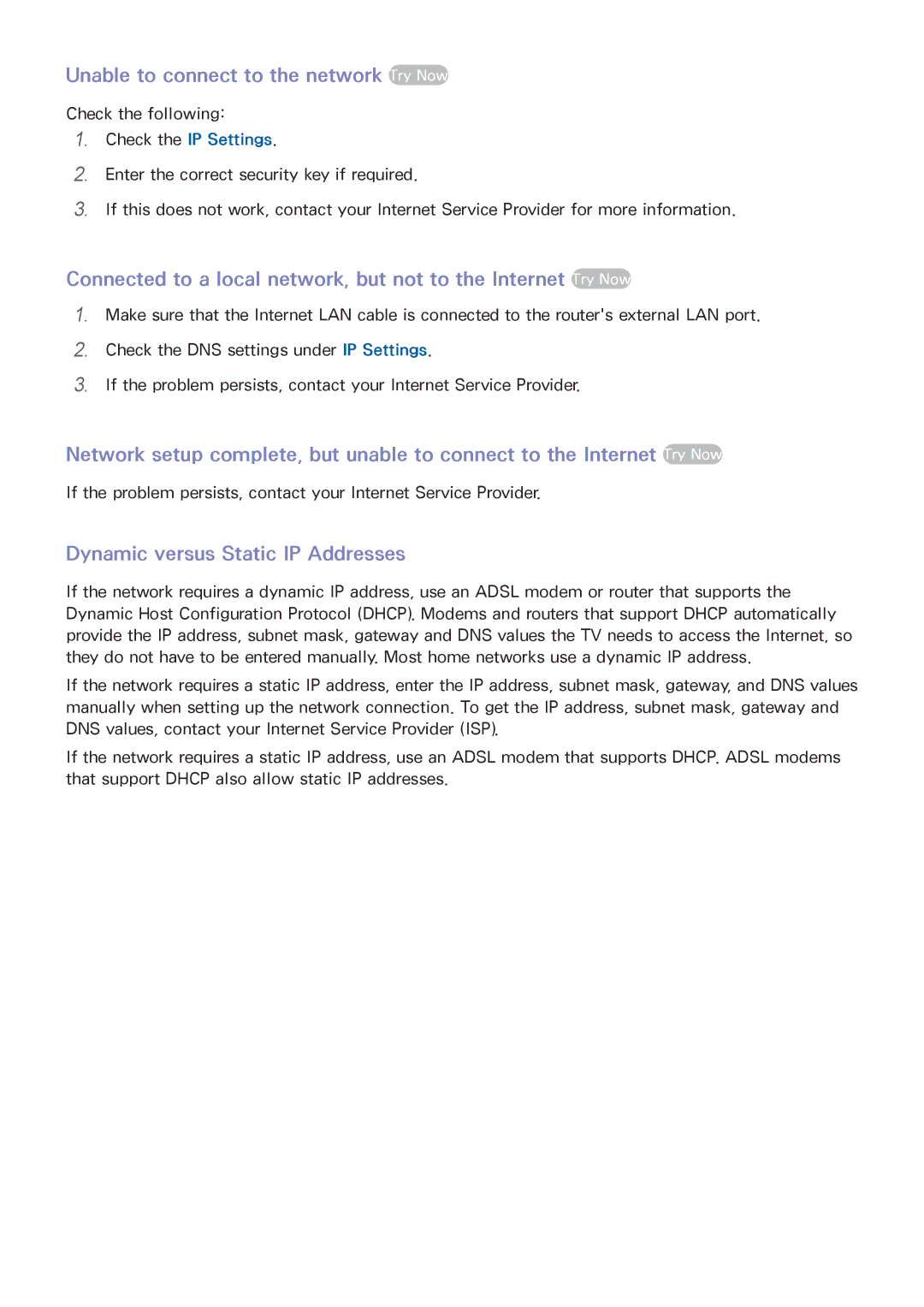 Samsung UA55F8500AMXSQ, UA65F9000AMXSQ manual Unable to connect to the network Try Now, Dynamic versus Static IP Addresses 