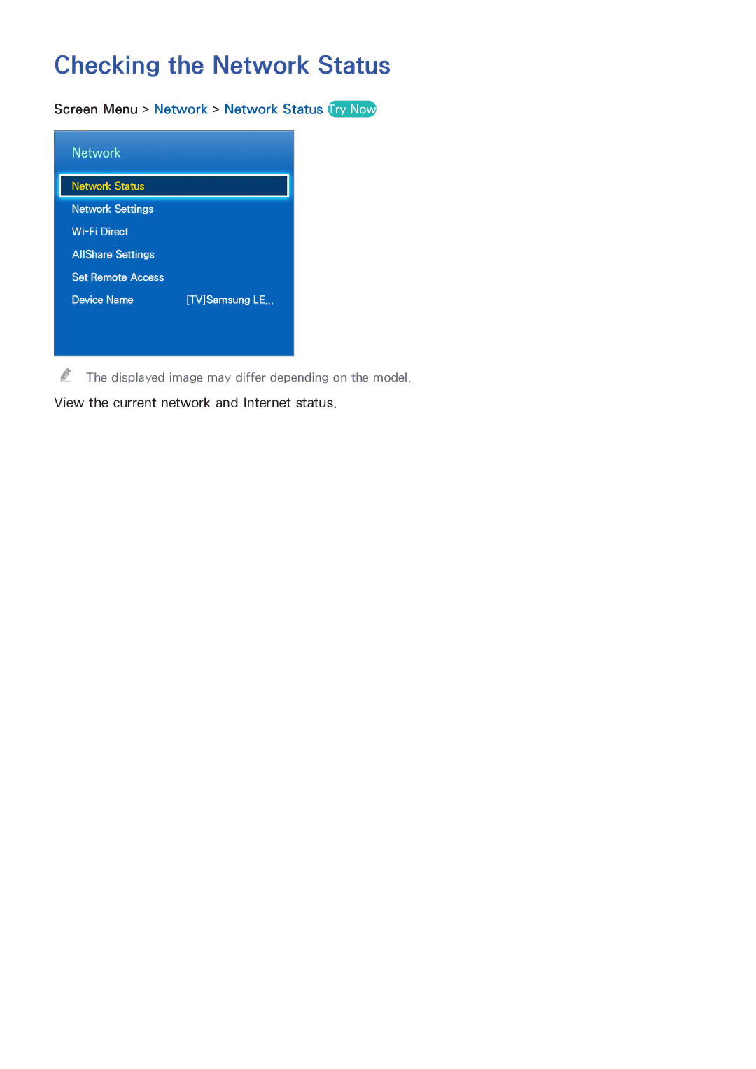 Samsung UA65F8000AMXSQ, UA65F9000AMXSQ, UA85S9AMXSQ Checking the Network Status, Screen Menu Network Network Status Try Now 