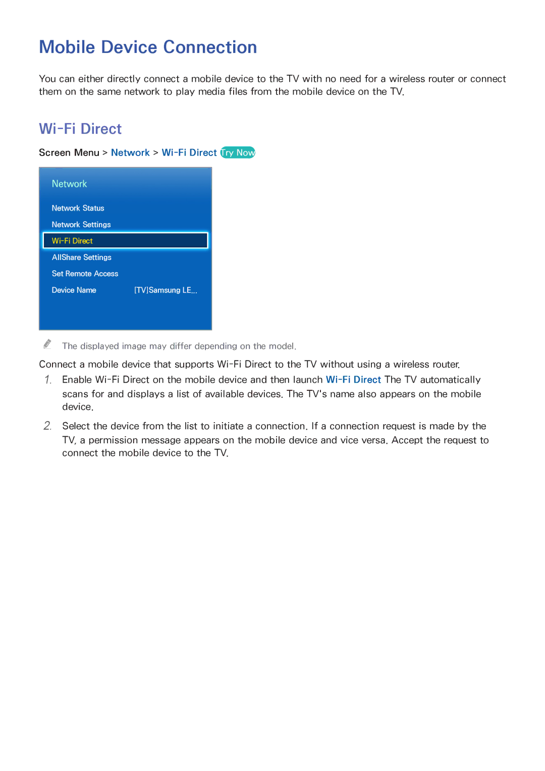 Samsung UA55F8000AMXSQ, UA65F9000AMXSQ, UA85S9AMXSQ Mobile Device Connection, Screen Menu Network Wi-Fi Direct Try Now 