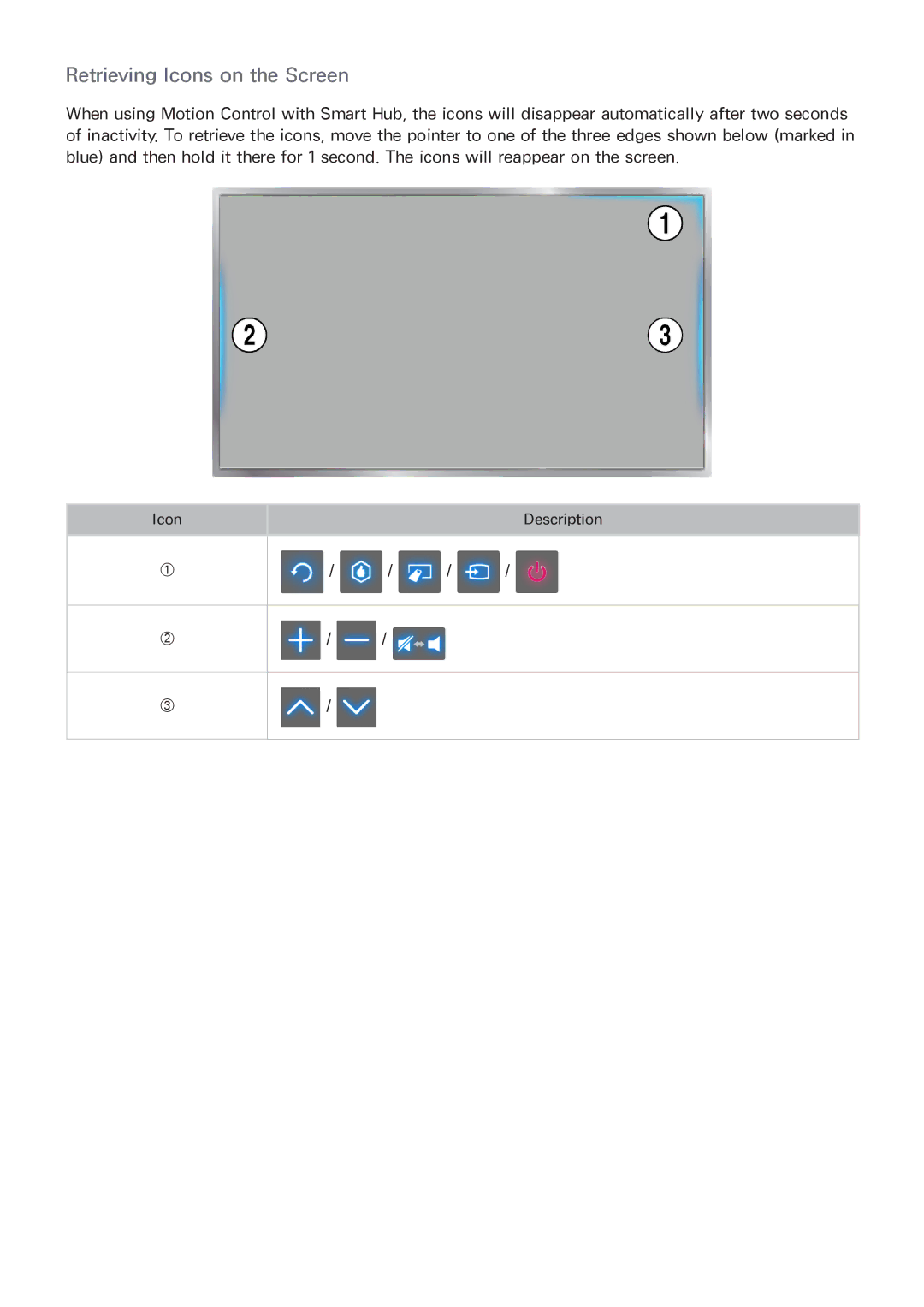 Samsung UA65F9000AMXSQ, UA46F7500BMXSQ, UA55F8500AMXSQ, UA65F8000AMXSQ, UA55F8000AMXSQ manual Retrieving Icons on the Screen 