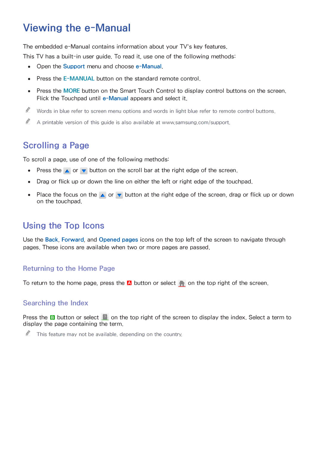 Samsung UA85S9AMXSQ Viewing the e-Manual, Scrolling a, Using the Top Icons, Returning to the Home, Searching the Index 