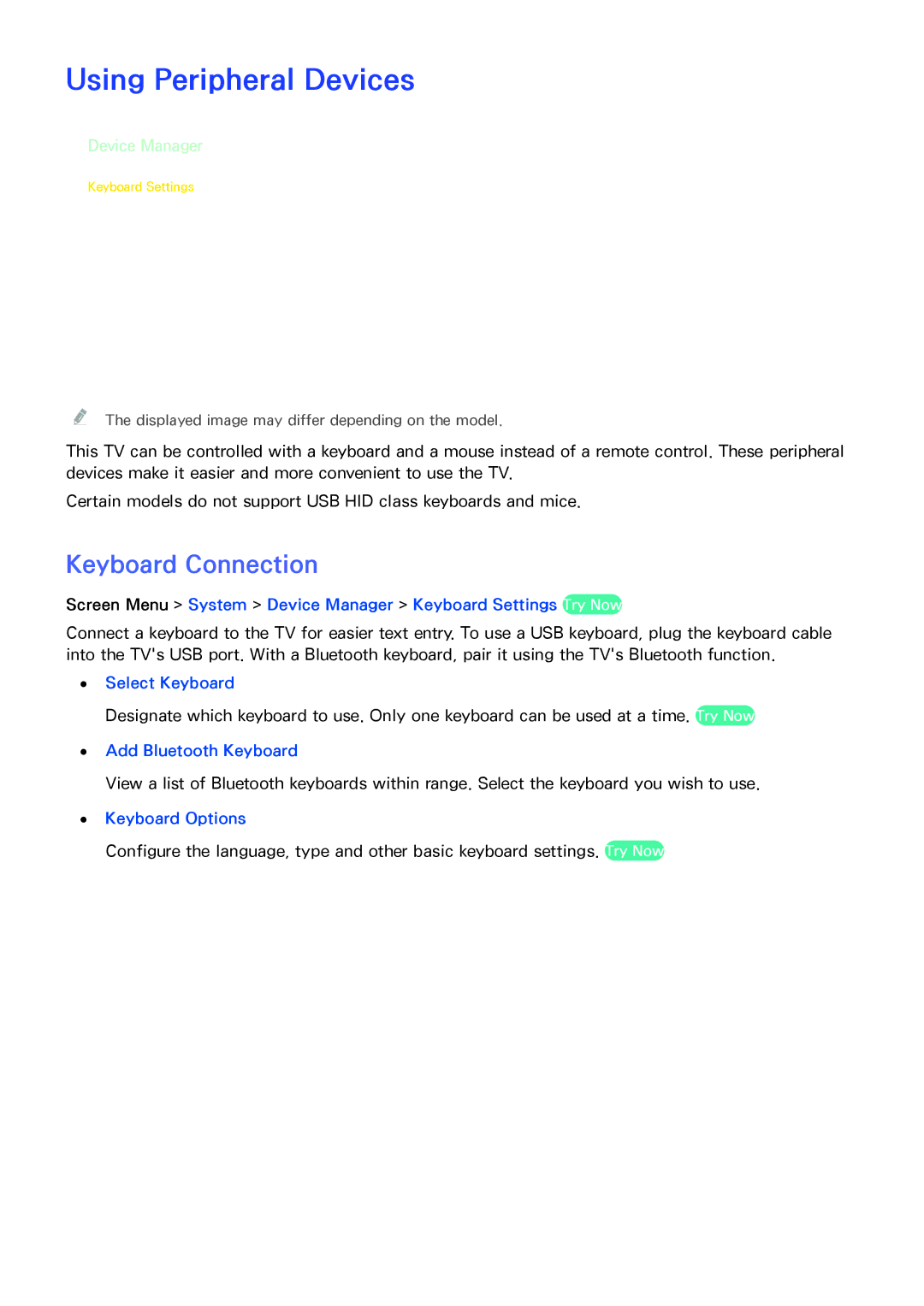 Samsung UA65F8000AMXSQ, UA65F9000AMXSQ, UA46F7500BMXSQ manual Using Peripheral Devices, Keyboard Connection, Device Manager 