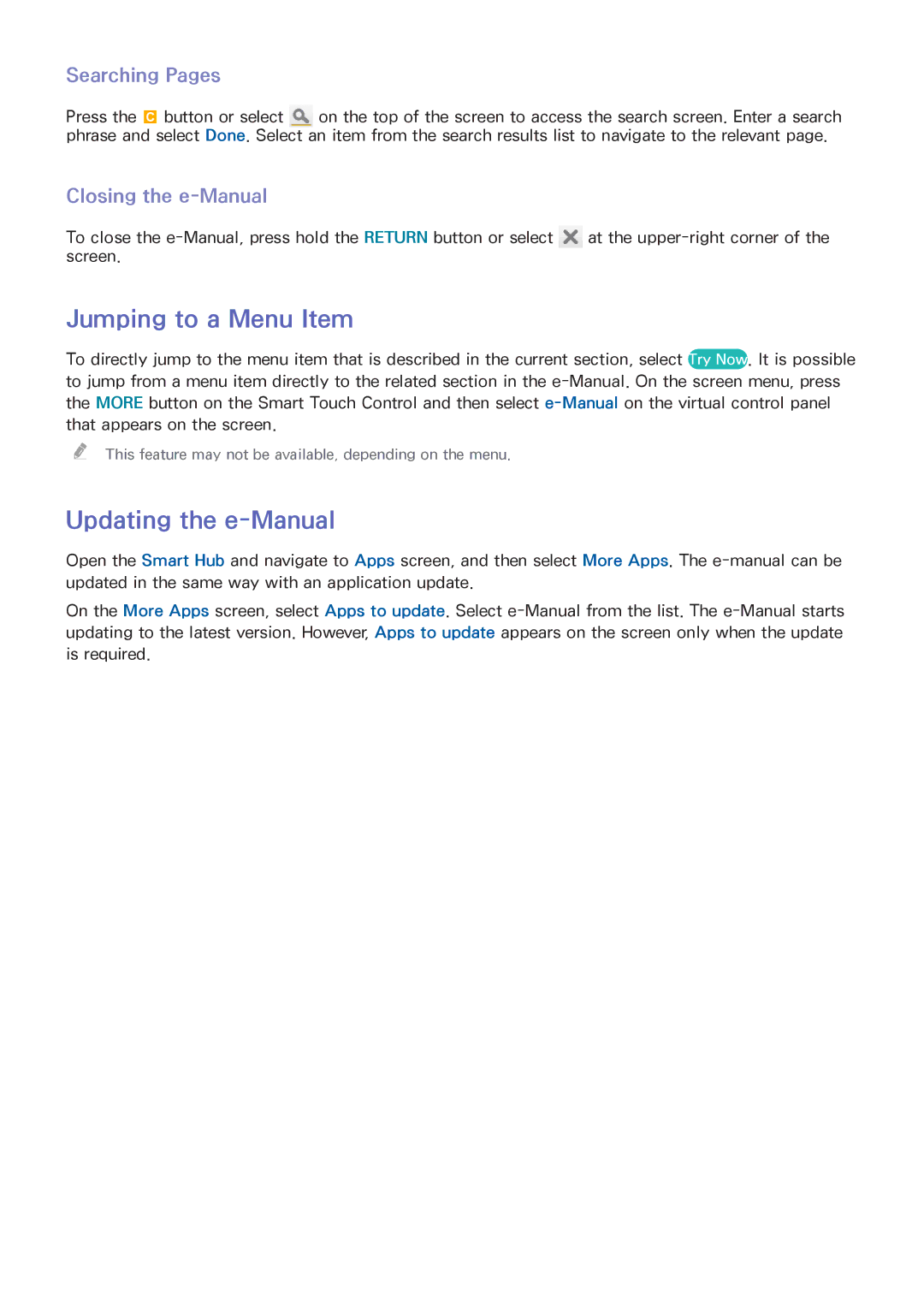 Samsung UA75F8000AMXSQ, UA85S9AMXSQ Jumping to a Menu Item, Updating the e-Manual, Searching Pages, Closing the e-Manual 