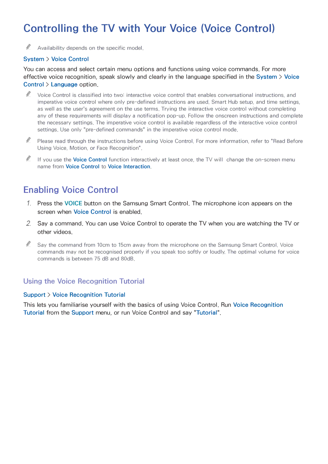 Samsung UA60H6300AWXSQ Controlling the TV with Your Voice Voice Control, Enabling Voice Control, System Voice Control 