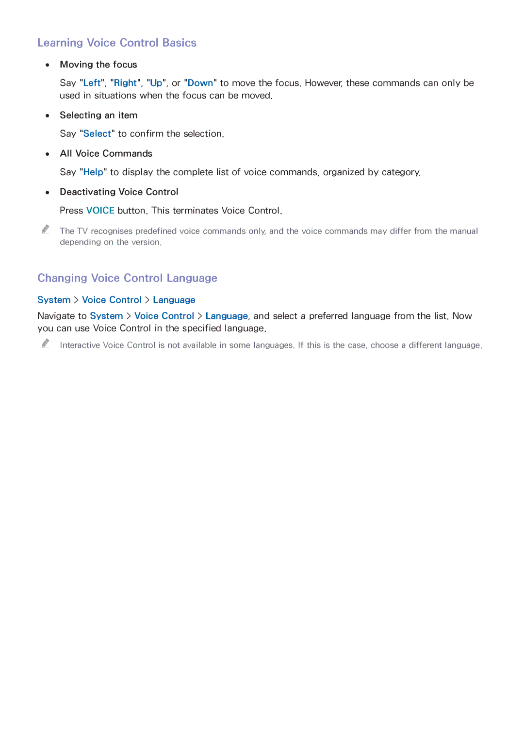 Samsung UA32H5500AWXSQ manual Learning Voice Control Basics, Changing Voice Control Language, System Voice Control Language 