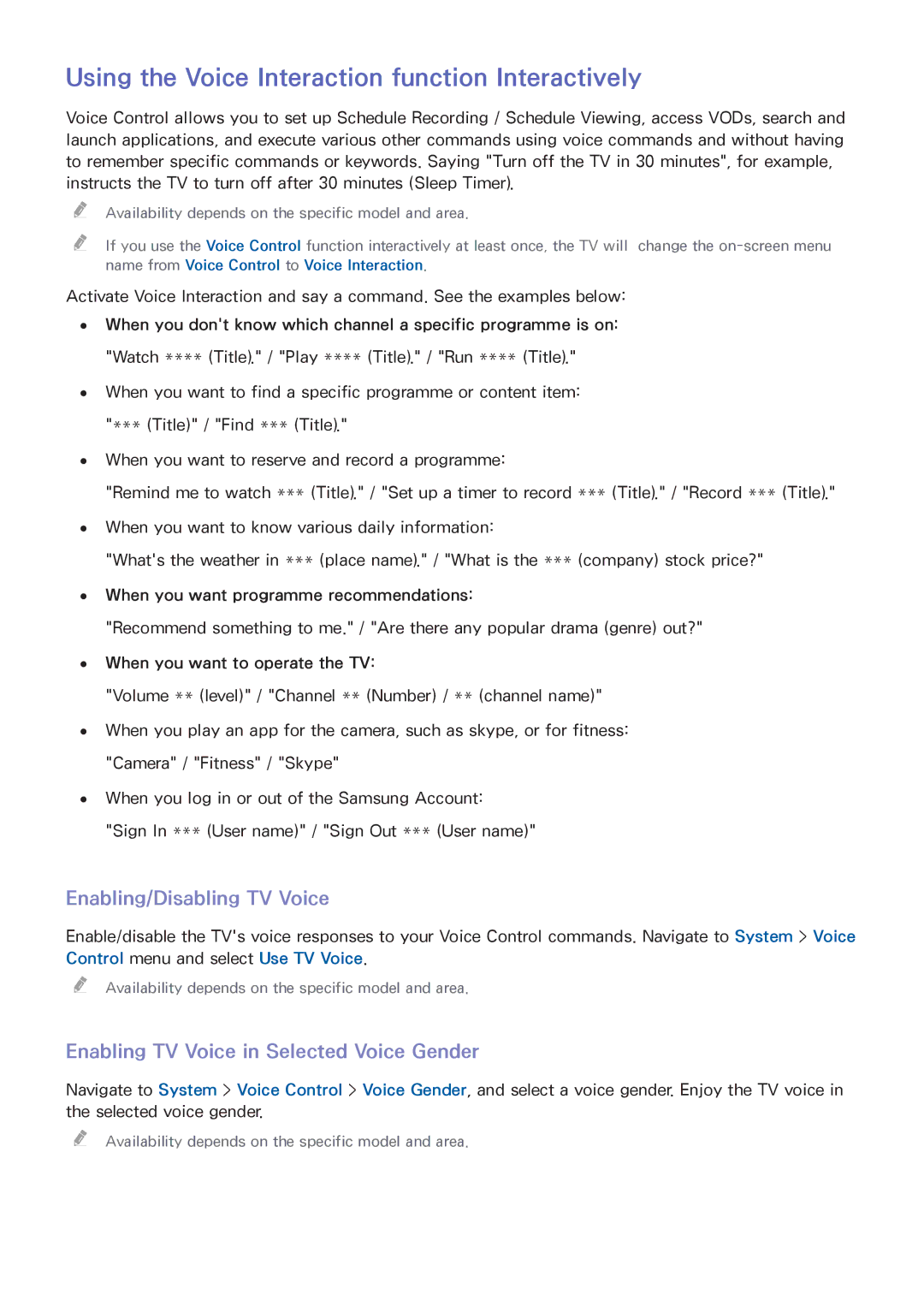 Samsung UA40H5500AWXSQ, UA65H6400AWXSQ Using the Voice Interaction function Interactively, Enabling/Disabling TV Voice 