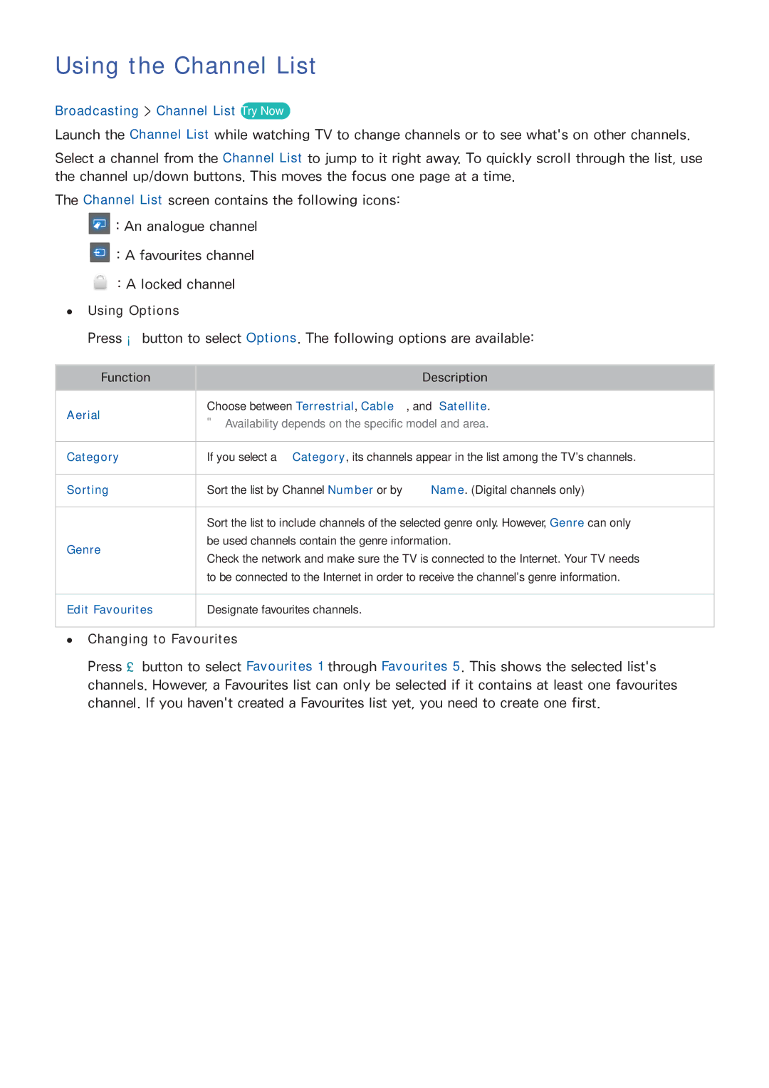 Samsung UA48H5510AKXXV, UA65H6400AWXSQ, UA40H5552AKXXV manual Using the Channel List, Broadcasting Channel List Try Now 