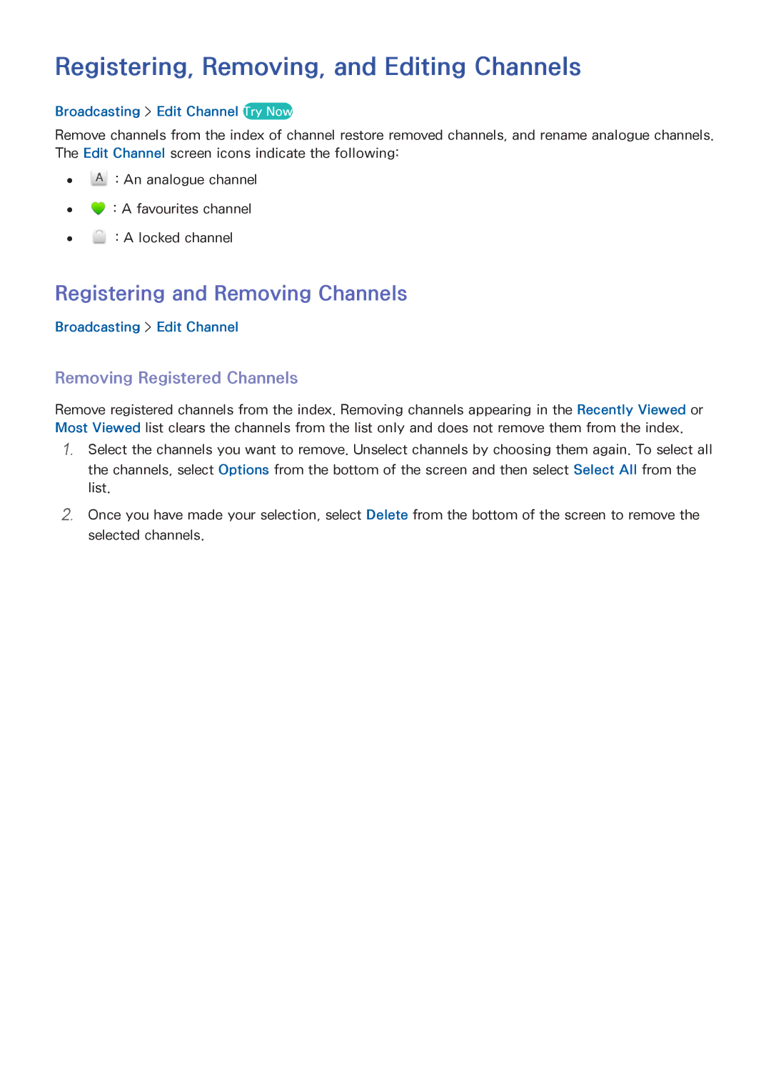 Samsung UA60H6400AKXXV, UA65H6400AWXSQ manual Registering, Removing, and Editing Channels, Registering and Removing Channels 