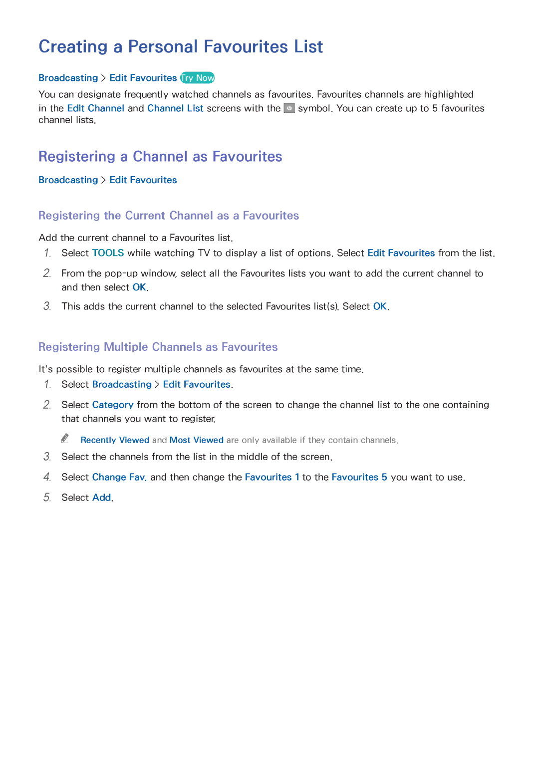 Samsung UA55H6400AWXSQ, UA65H6400AWXSQ manual Creating a Personal Favourites List, Registering a Channel as Favourites 