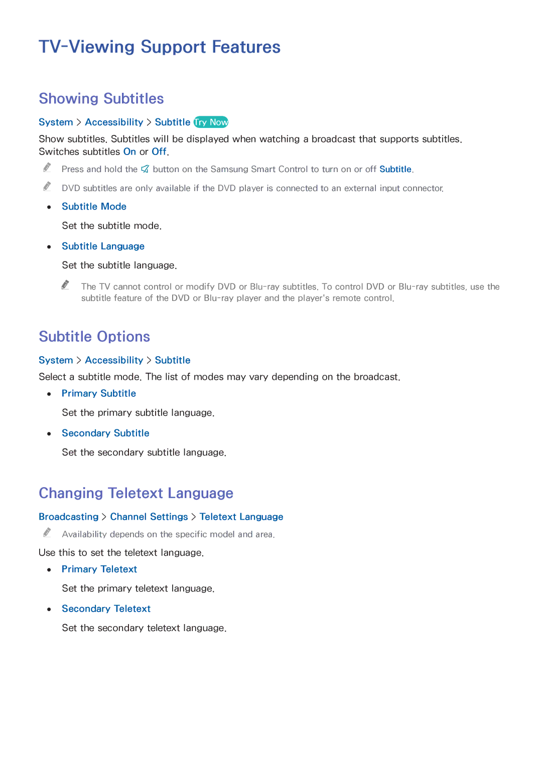 Samsung UA32H5500AWXSQ manual TV-Viewing Support Features, Showing Subtitles, Subtitle Options, Changing Teletext Language 
