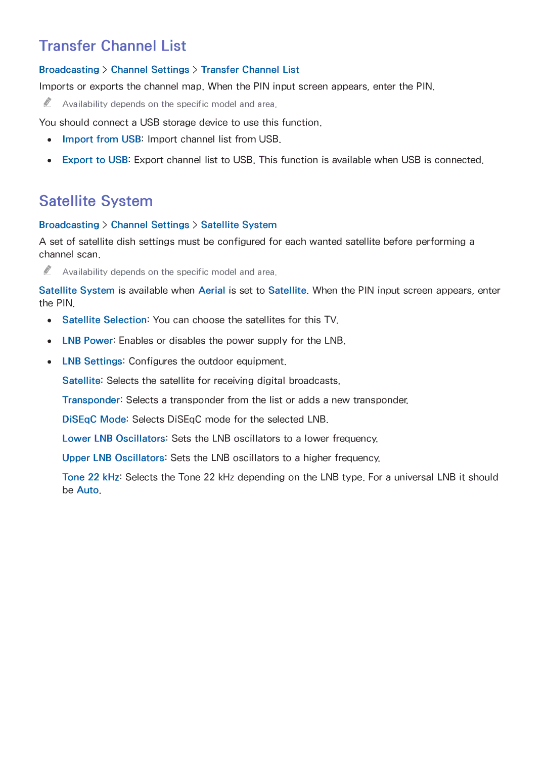 Samsung UA55H7000AWXSQ, UA65H6400AWXSQ manual Satellite System, Broadcasting Channel Settings Transfer Channel List 