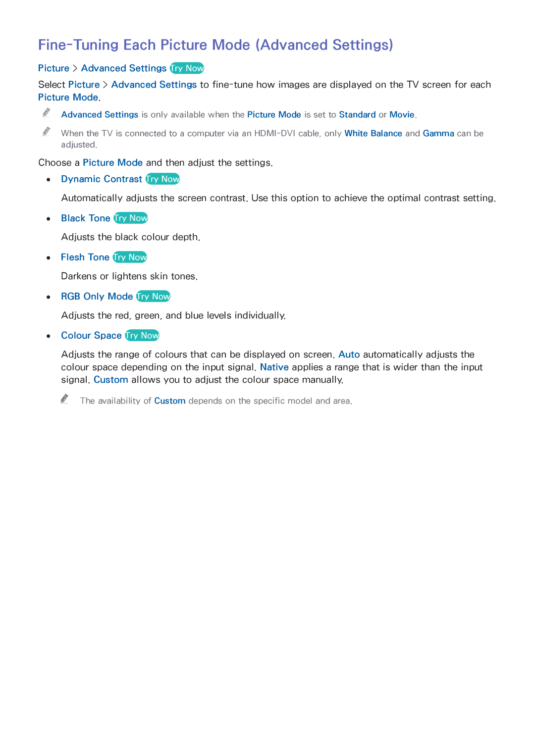 Samsung UA40H5510AKXXV, UA65H6400AWXSQ, UA40H5552AKXXV, UA48H6300AKXXV manual Fine-Tuning Each Picture Mode Advanced Settings 