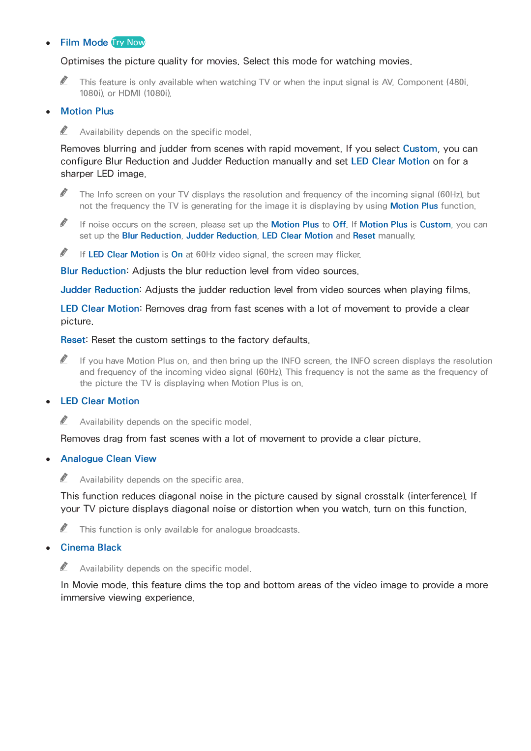 Samsung UA40H5500AKXXV, UA65H6400AWXSQ Film Mode Try Now, Motion Plus, LED Clear Motion, Analogue Clean View, Cinema Black 