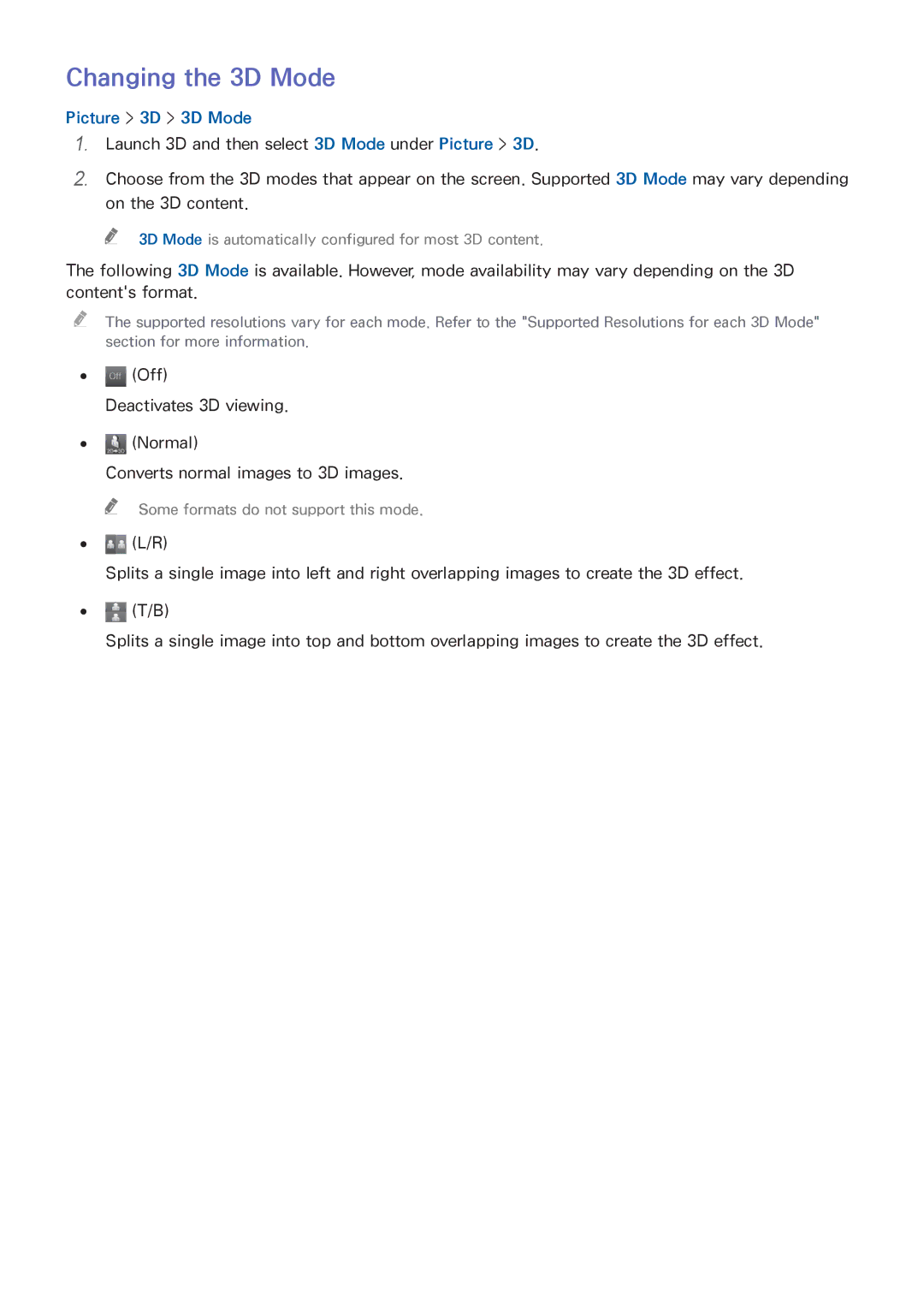 Samsung UA48H5500AKXXV, UA65H6400AWXSQ, UA40H5552AKXXV, UA48H6300AKXXV manual Changing the 3D Mode, Picture 3D 3D Mode 