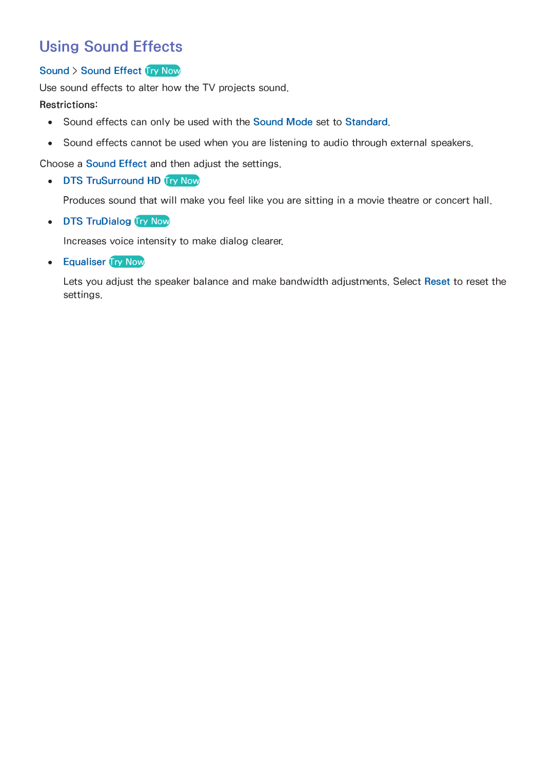 Samsung UA55H7000AKXXV manual Using Sound Effects, Sound Sound Effect Try Now, DTS TruDialog Try Now, Equaliser Try Now 