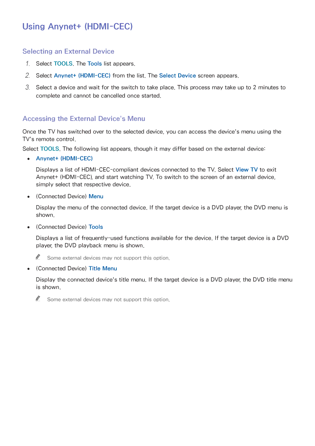 Samsung UA48H5500AWXSQ manual Using Anynet+ HDMI-CEC, Selecting an External Device, Accessing the External Devices Menu 