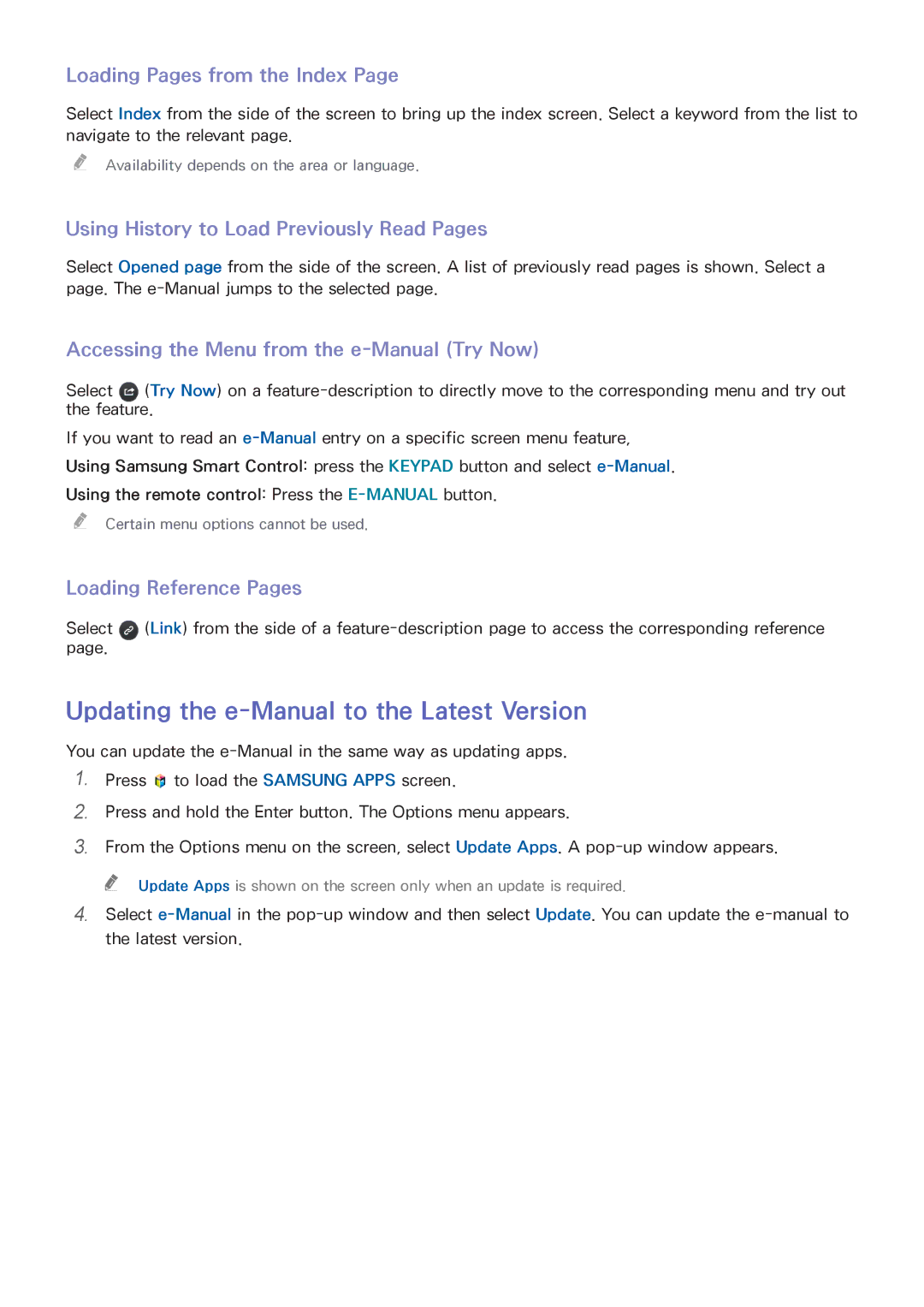 Samsung UA48H6400AWXSQ Updating the e-Manual to the Latest Version, Loading Pages from the Index, Loading Reference Pages 