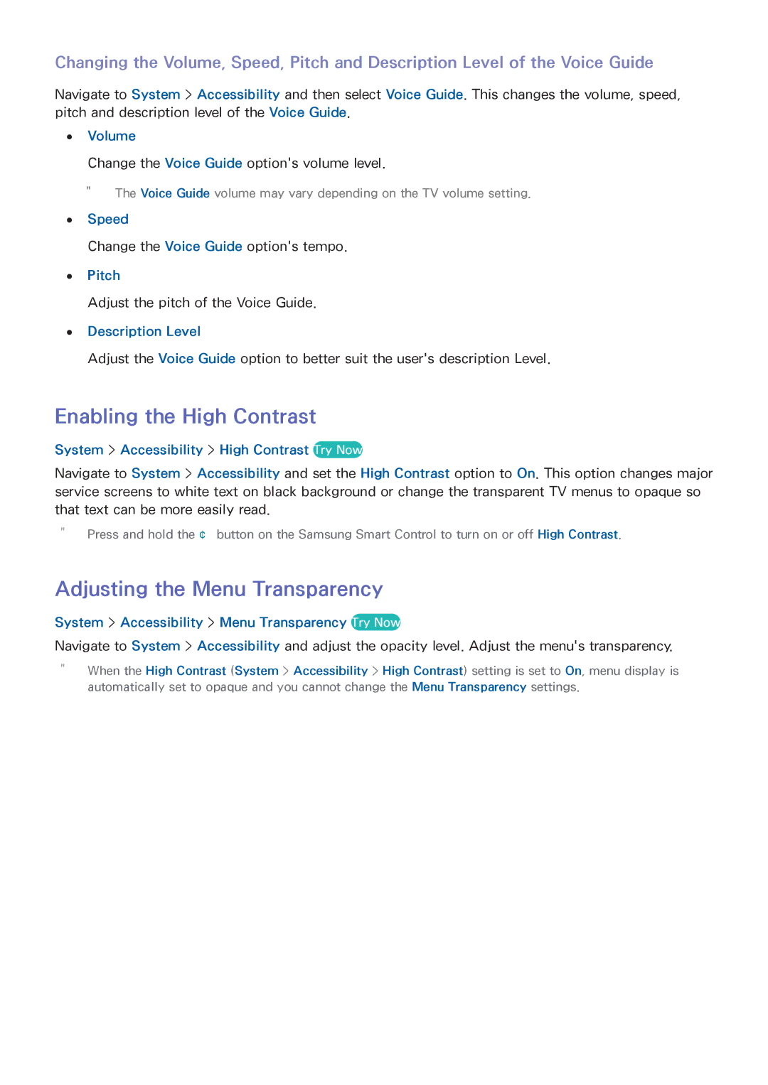 Samsung UA40H5500AWXSQ, UA65H6400AWXSQ, UA40H5552AKXXV manual Enabling the High Contrast, Adjusting the Menu Transparency 
