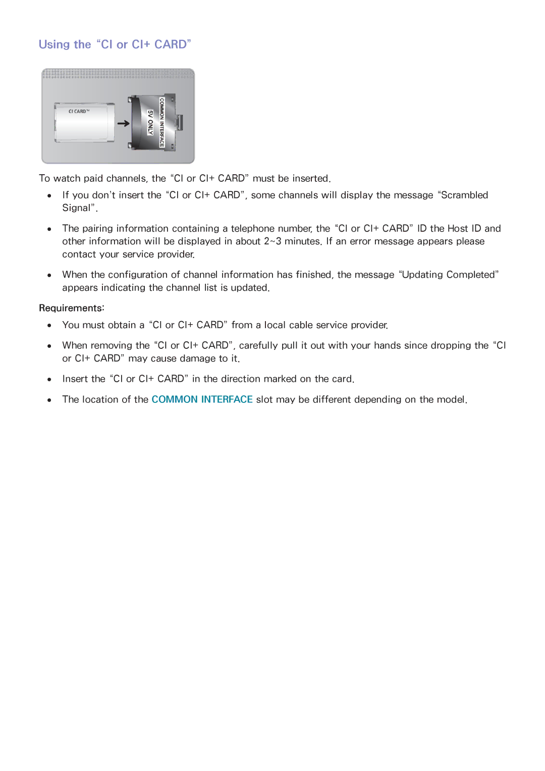 Samsung UA40H5552AKXXV, UA65H6400AWXSQ, UA48H6300AKXXV, UA40H5510AKXXV, UA32H5500AKXXV manual Using the CI or CI+ Card 